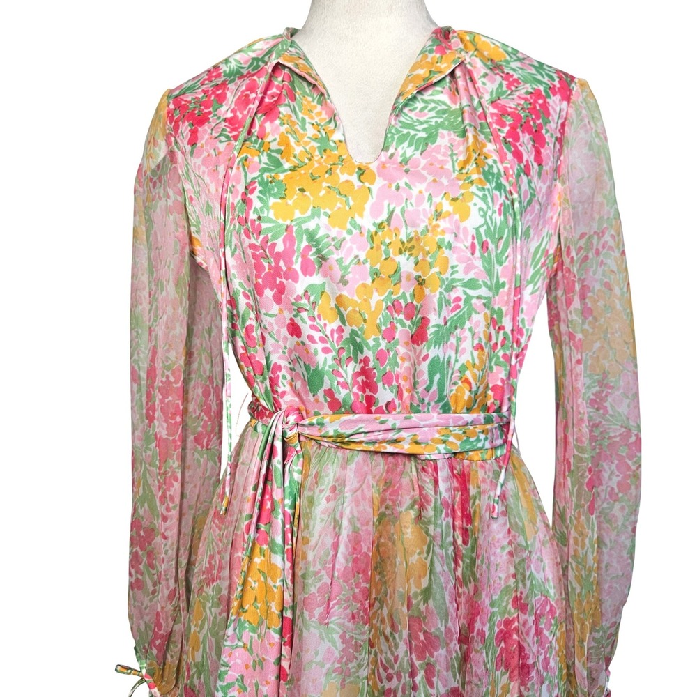 Vintage 70s Frances Brewster Floral Chiffon Dress Belted Boho M - Picture 4 of 8